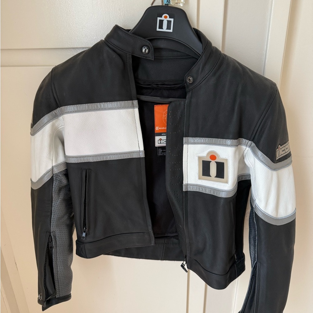 ICON Black and White Leather Motorcycle Jacket